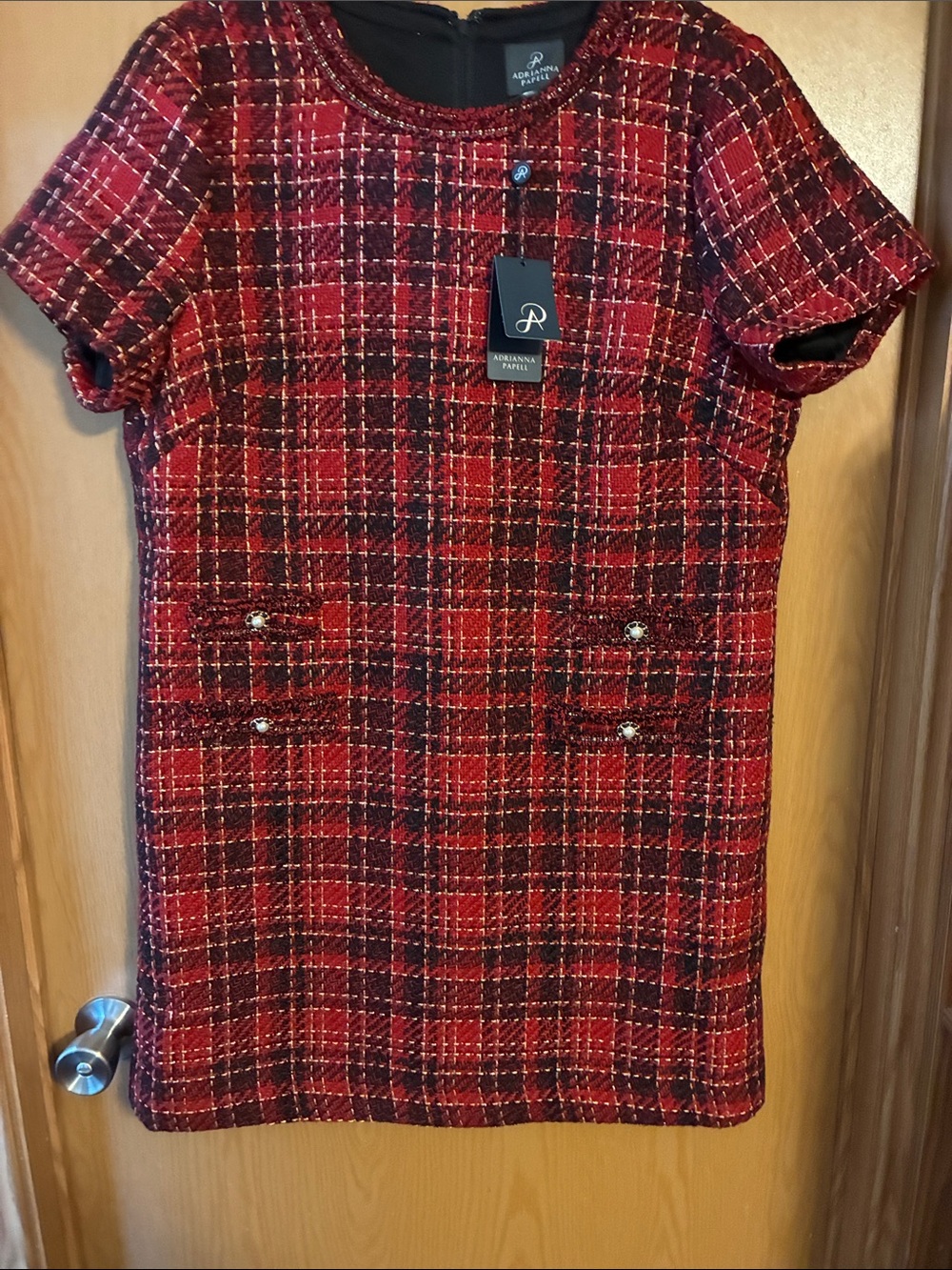 Adrianna Papell Red and Black Plaid Tweed Shift Dress sophisticated, holiday,